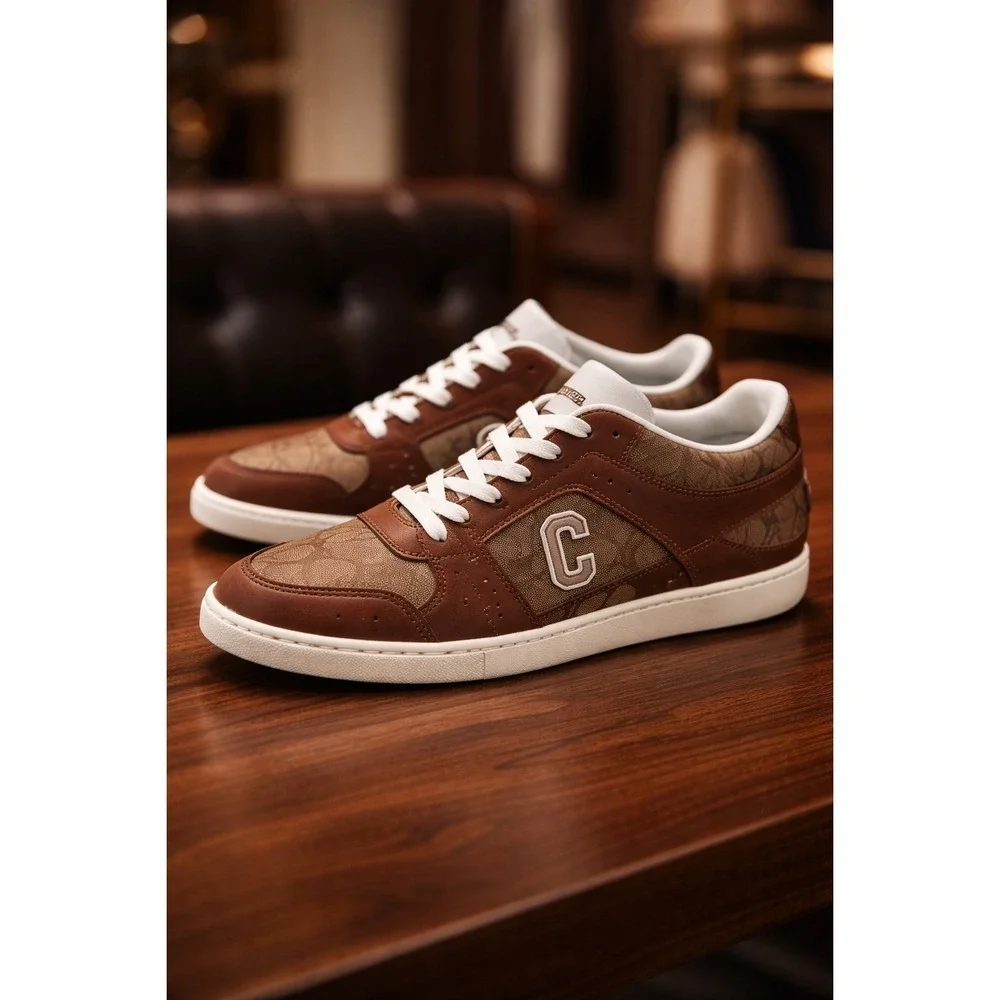 Coach Mens Signature Monogram Leather Low Top Sneakers Brown White Size 11